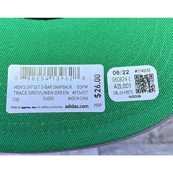 adidas Men's OSFA Trace Grey Linen Green AeroReady 3-Bar Offset Snapback Hat - Picture 9 of 10